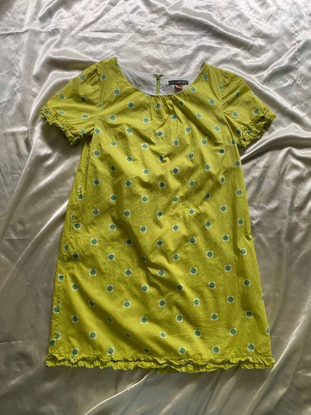 Orla Kiely 100% Cotton Green Polka Dot Ruffle Mini Dress Mod Summer Small